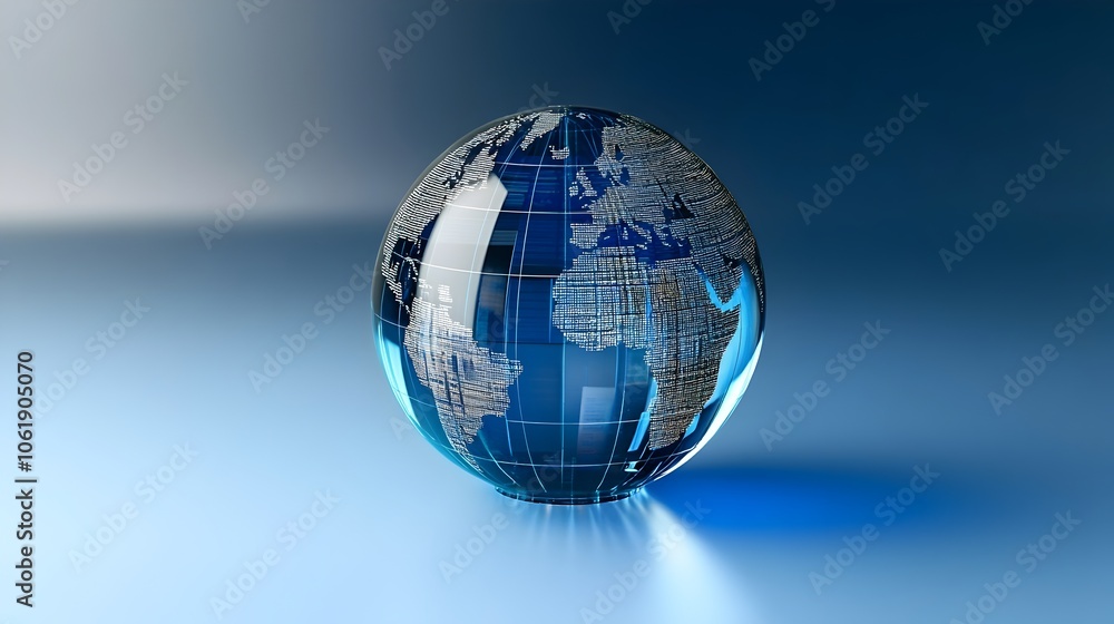 Poster detailed glass globe with complex data graphs on gradient blue background