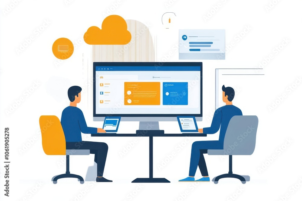 Poster two individuals collaborating at a large screen, showcasing data on devices, emphasizing teamwork an