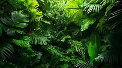 Lush green tropical foliage with sunlight shining through the leaves.