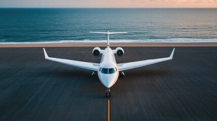 Jet airplane on runway at sunset, ocean view in background, clear blue sky.