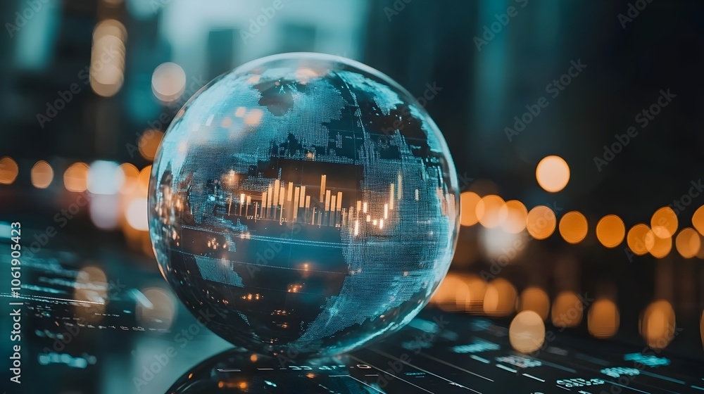 Aufkleber close-up view of a transparent glass globe with overlaid financial analytics and data visualization