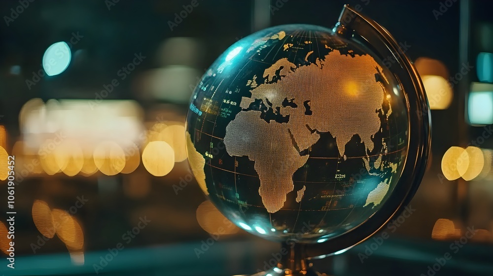 Poster close-up view of glass globe with overlaid financial analytics data and graphs