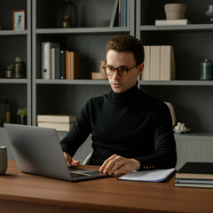Smiling Professional Working on Laptop in Office
