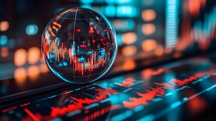 Futuristic Glass Globe on Digital Analytics Dashboard Displaying Real-Time Global Economy Insights