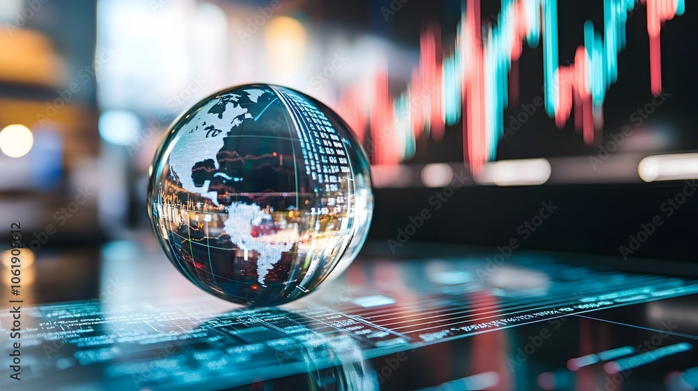 Poster glass globe on digital analytics dashboard displaying real-time global economy insights