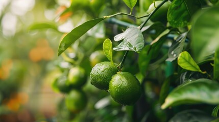 Freshly grown organic limes in a backyard garden.
