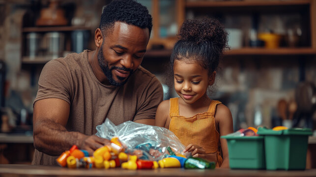 A Black father and his young daughter smile as they sort recyclables in a kitchen. They place items into separate bins, emphasizing a commitment to sustainability and environmental responsibility. 