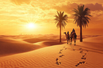 A lone traveler walks with camels across golden sands at sunset in the vast desert