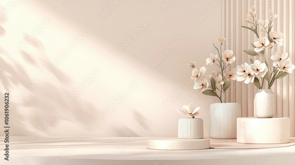 Poster a serene arrangement of delicate flowers in minimalistic vases, set against a neutral background wit