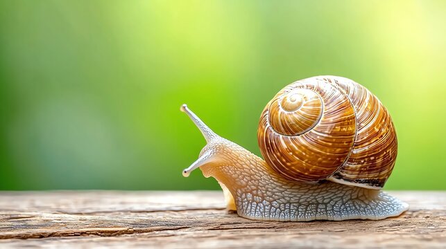 A brown snail with a spiral shell crawls on a wooden surface. The background is green and out of focus.