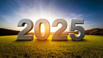2025 made of stone stands in backlight on a meadow