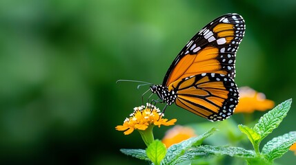 Fototapeta premium A vibrant orange butterfly with black markings perches on a yellow flower.