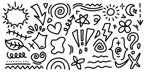 Doodle set of hand drawn elements. Doodle heart, arrow, star, sparkle decoration symbol set icon.