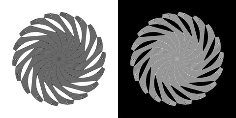 Abstract background with abstract line pattern in circles. Spiral art design as a logo or icon. A black figure on a white background and the same white figure on a black side. Mandala design with line