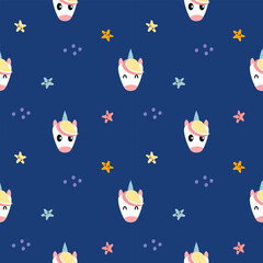 Face unicorn cartoon so cute. On star and blue background. Pattern seamless vector illustration.
