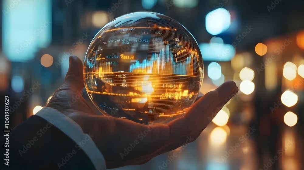 Poster digital data globe in business hand for global analytics and strategy concept