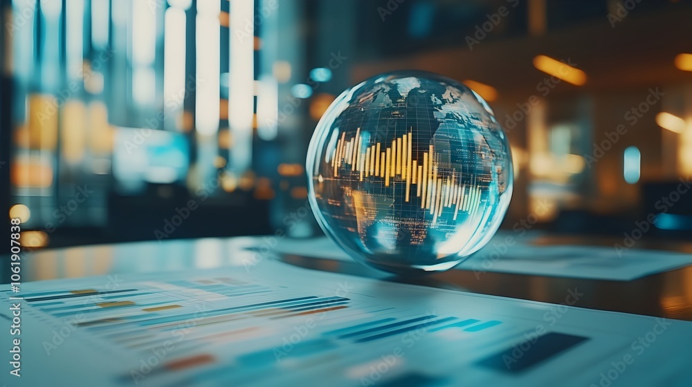 Aufkleber transparent global data insights sphere on office table with analytics charts
