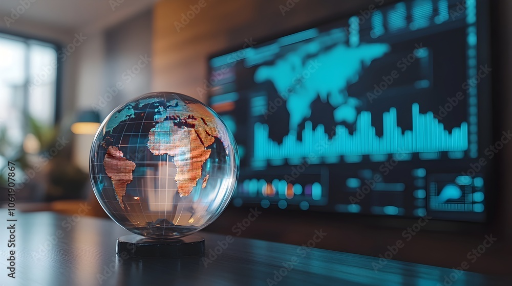 Poster transparent glass globe with analytics charts in background showcasing worldwide data insights