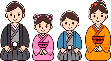 Cute cartoon family in national Japanese costumes sitting on the floor (seiza). Man and woman, boy and girl. Vector clip art illustration.