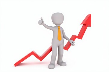 3d man red arrow success chart on white background.