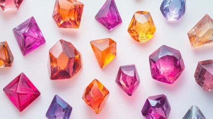 Set of colorful spinel gems with glossy facets in an array of shapes on a white background