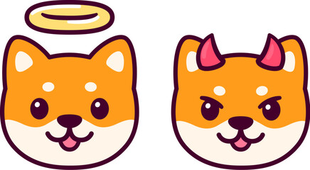 Angel and devil Shiba Inu dog face, cute cartoon drawing. Simple kawaii doodle style illustration.