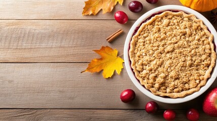 A Top View of a Crumb Topped Pie on a Wooden Table with Fall Decorations