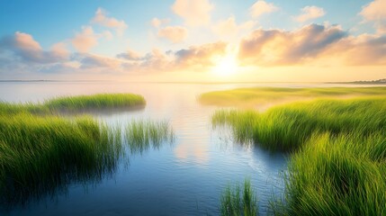 Fototapeta premium Serene Sunset Over Marsh Grass with Misty Water