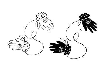 Linear sketch, silhouette of winter clothes, accessories, fur gloves, mittens. Vector graphics.