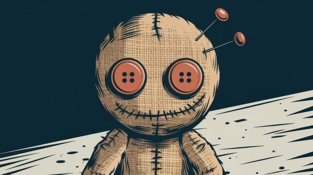 Animated voodoo doll with a charming expression and buttons on a contrasting background