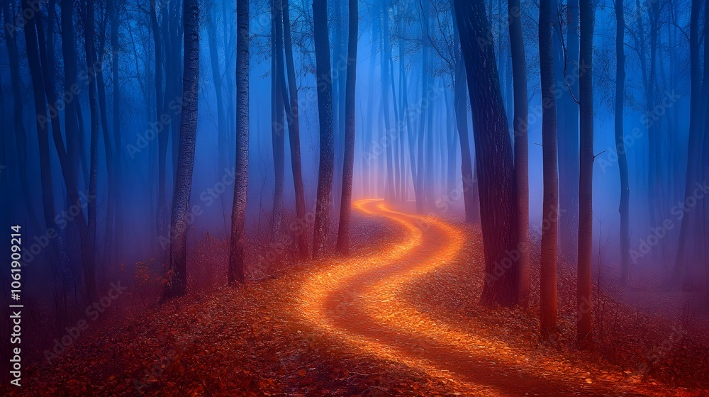 Poster mystical forest path with fog and autumn colors