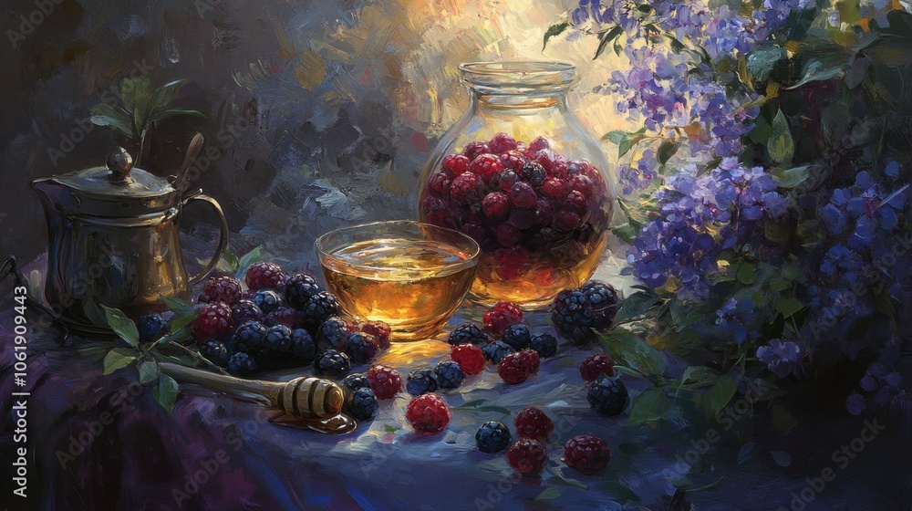 Poster fresh berries and honey on a rustic table setting
