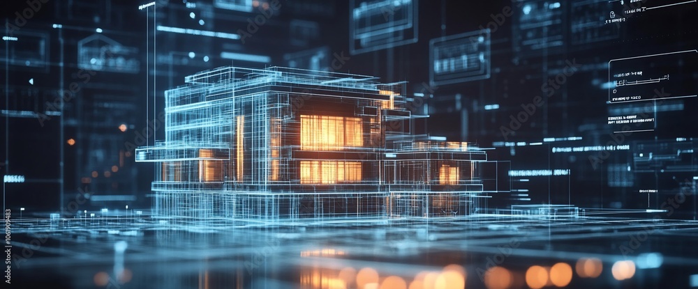Poster digital house model with illuminated windows and blue lines against a dark background.