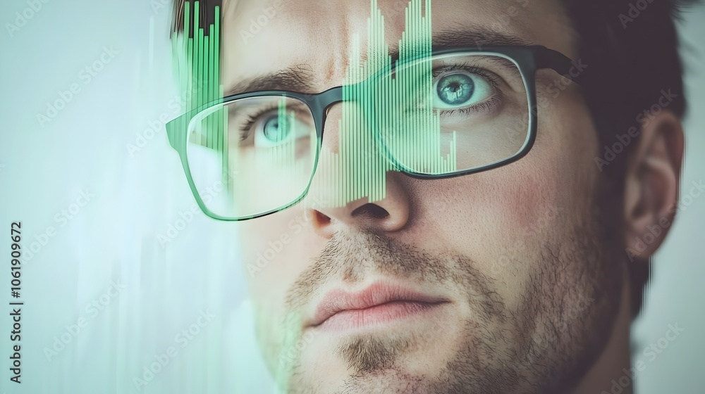 Poster focused professional analyzing digital data graph overlay for business insights