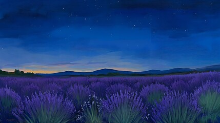 Obraz premium Twilight Lavender Field with Starry Sky Purple Flowers Night Landscape