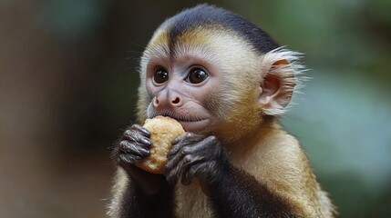 Fototapeta premium A cute monkey with black and brown fur sits and eats a small round treat.