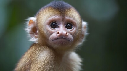 Fototapeta premium A close-up portrait of a young monkey with big brown eyes looking directly at the camera.