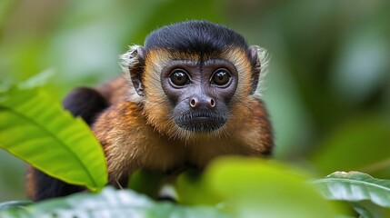 Fototapeta premium A close-up portrait of a young monkey with big brown eyes looking directly at the camera.