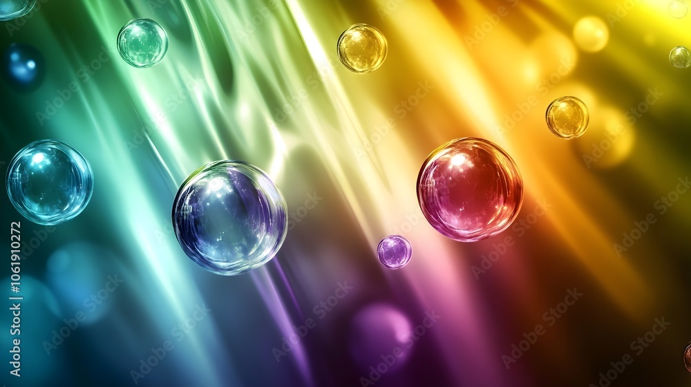 Poster bright colorful gradient glass spheres floating in captivating neon background for visually