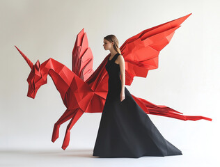 A model walks down the runway with an origami dragon, pulling it along by its tail as if she were leading a dog.