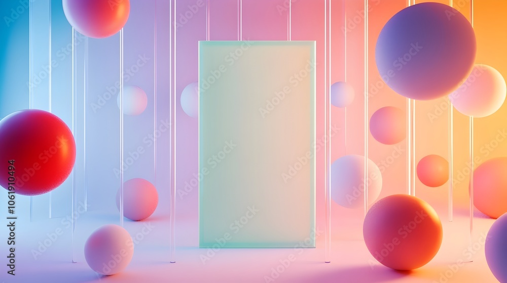 Poster Floating Gradient Spheres with Frosted Glass Rectangle in High Contrast Modern Visual Design