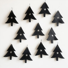 Obraz premium Felt black Christmas tree on a flat white background features a minimalistic style with black and silver colors, simple shapes, and stars on the trees.