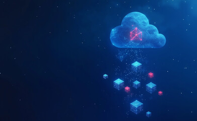 Digital AI Technology Concept. An abstract illustration of data being uploaded and downloaded to a cloud, symbolizing cloud computing, data storage, and network connectivity. Generative AI Content