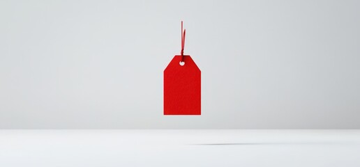 Vibrant red price tag hanging against a plain background