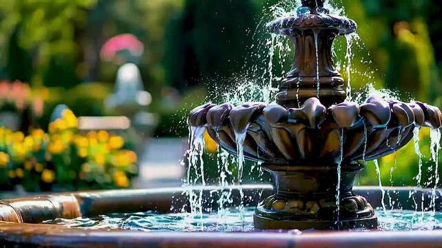 a fountain  with  water  spraying out of it and  flowers  in the background.