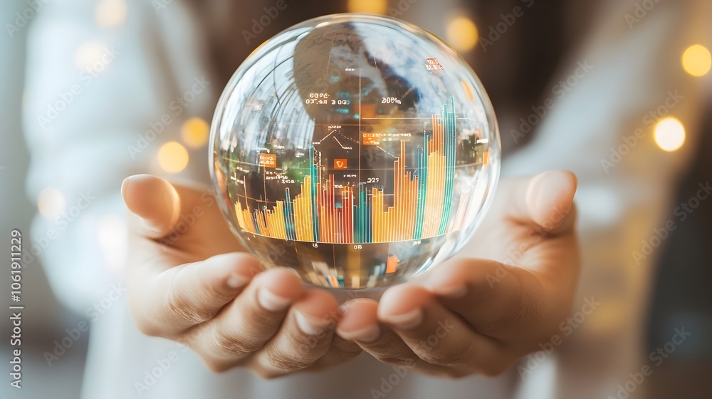 Aufkleber hands holding glass globe with overlaid data analytics graphs for business insights and strategy
