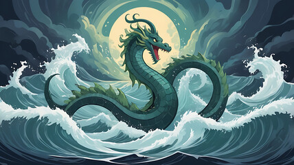 A fierce depiction of the god Marduk battling Tiamat, the primordial sea dragon, in a stormy sea, showcasing the intense battle of light versus darkness.