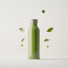 A vibrant green bottle of juice, surrounded by floating green leaves, symbolizing freshness and health.