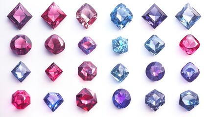 Set of spinel gems in shades of red, blue, and purple with sparkling cuts on white background