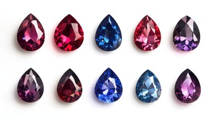 Set of spinel gems in shades of red, blue, and purple with sparkling cuts on white background